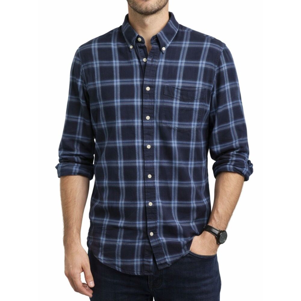 NAUTICA Button-Down Large Men's Blue Plaid Cotton Blend Long Sleeve Shirt